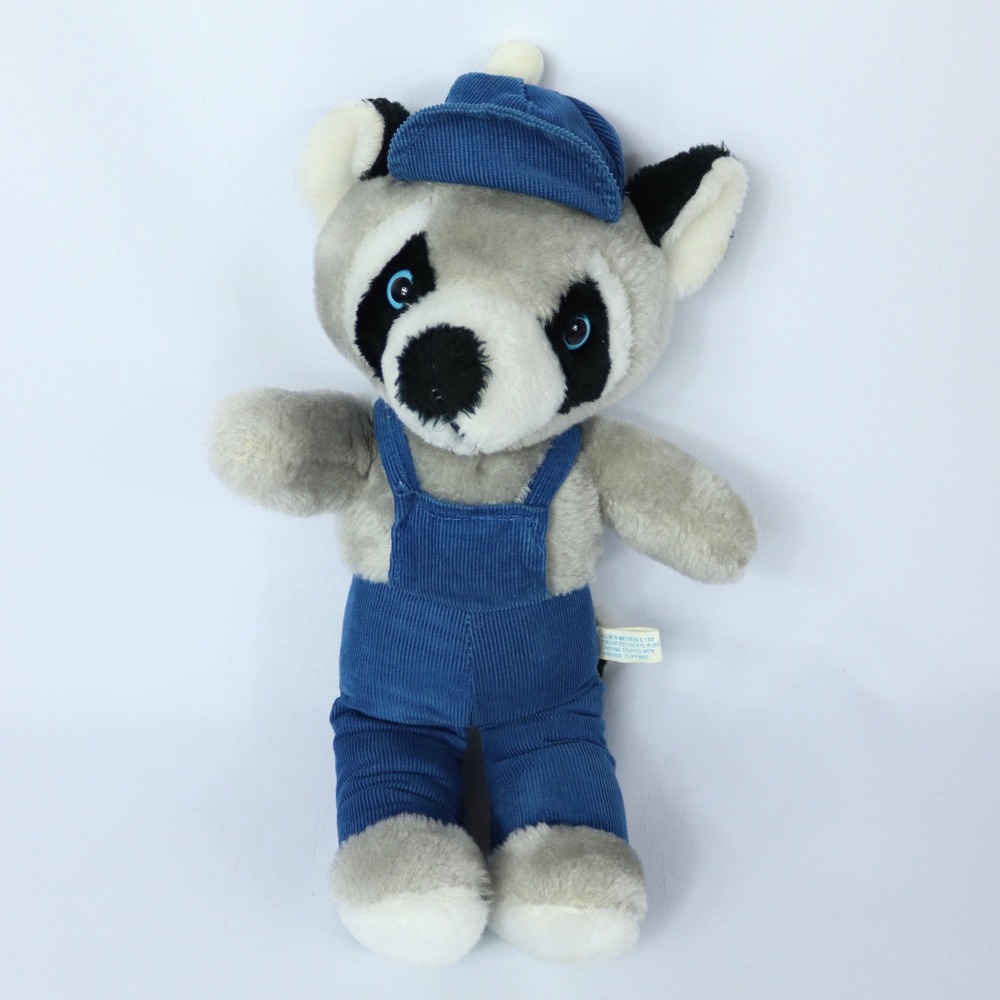 Vintage Interpur Raccoon Plush Stuffed Animal Blue Corduroy Overalls & Hat